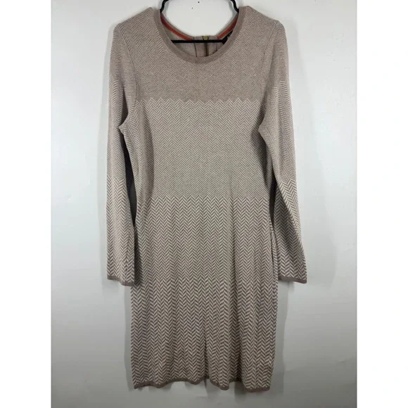 Belle Vere Womens Taupe Chevron Herringbone Knit Long Sleeve Sweater Dress Large - Picture 1 of 4
